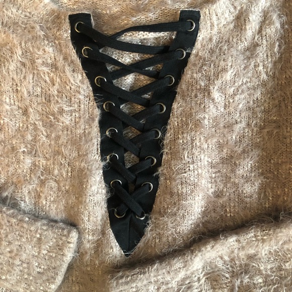 Express Mauve Fuzzy Lace Up Sweater - Picture 3 of 4